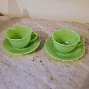 Jane Ray Lancaster Set Two Teacups and Saucers Jadeite Vintage